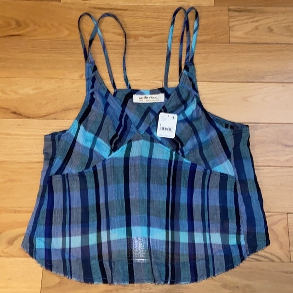 NWT Free People We The Free Plaid Cotton Crop Top in Navy Combo, size L - Picture 6 of 10